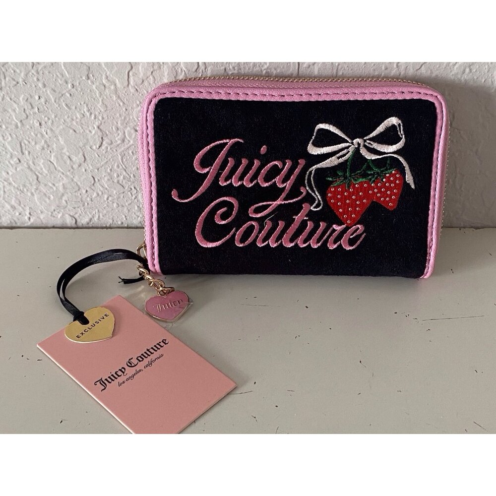 Juicy Couture Essential Zip Around Bifold Wallet Black Retro‎ Strawberry NEW